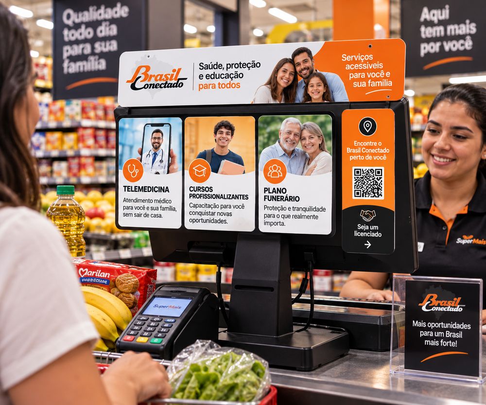 Balcão de supermercado com material do Brasil Conectado apresentando telemedicina, cursos e plano funerário