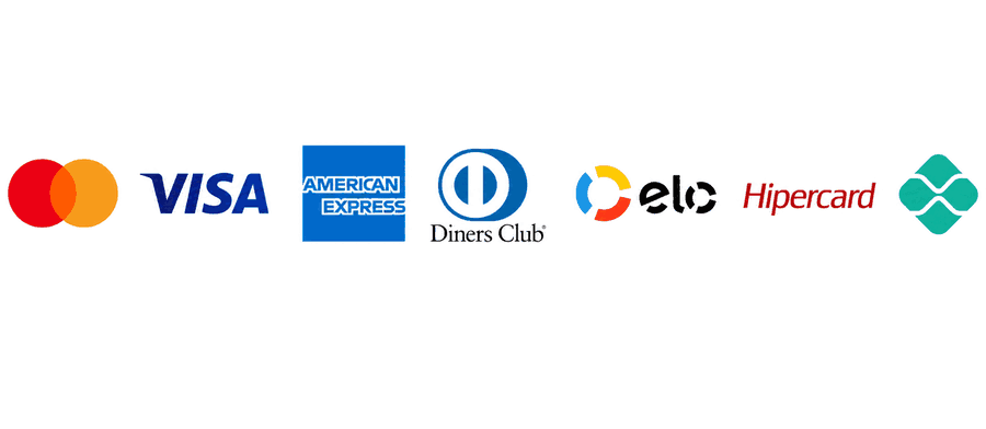 Formas de pagamento aceitas: Mastercard, Visa, American Express, Diners Club, Elo, Hipercard e Pix